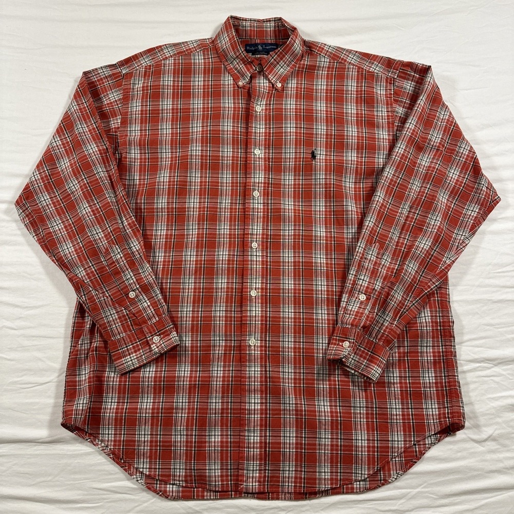 Polo Ralph Lauren Blake Plaid Shirt Men's Large Vintage 90s Red White Brown